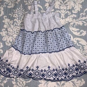 Girls' White & Navy Embroidered Tiered Sundress